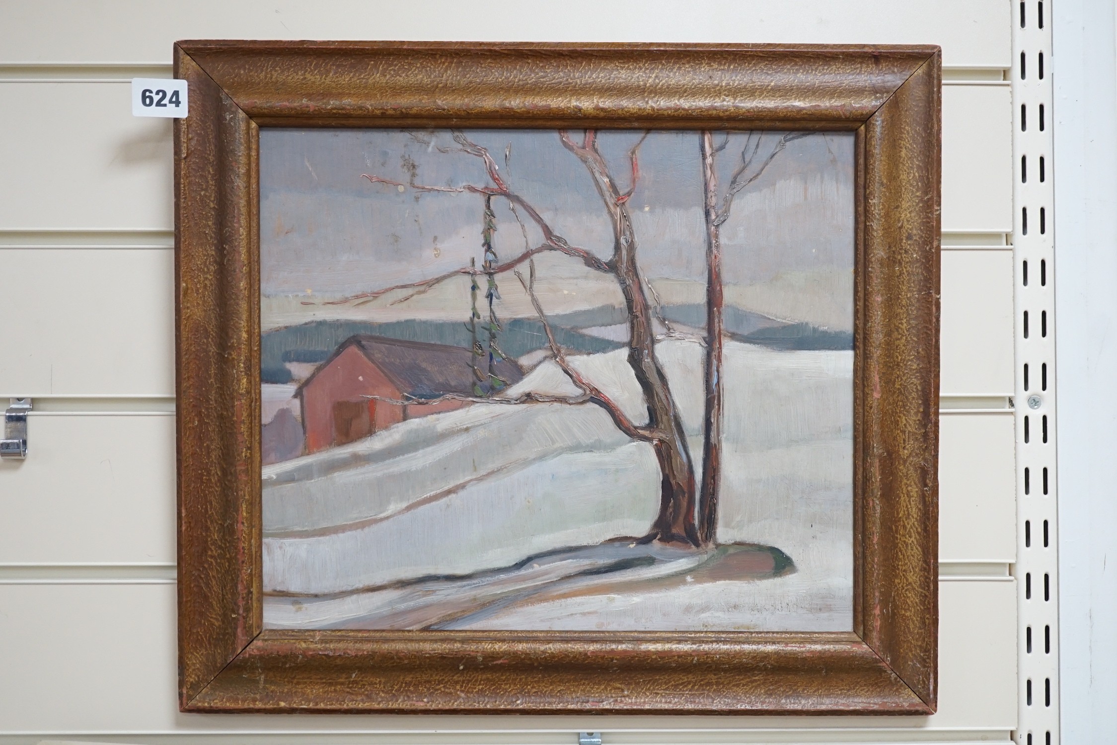 Swedish School, oil on board, Tree in a winter landscape, indistinctly signed, 30 x 35cm